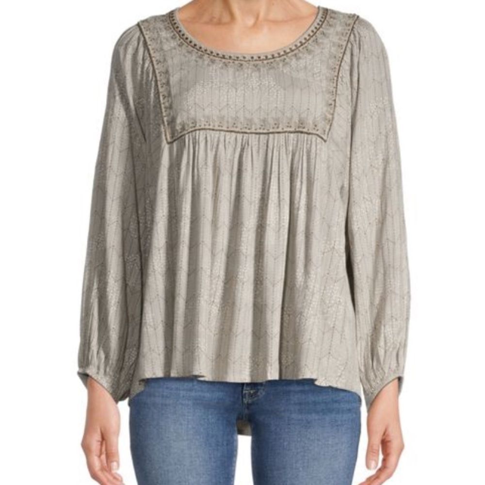 WORLD MARKET Tasha Taupe Geometric Embroidered Scoop Neck Babydoll Top NWT S/M